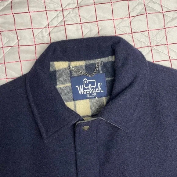 Woolrich Men Large Wool Jacket Navy Blue Plaid Lined Bomber Style Made USA - Picture 2 of 13